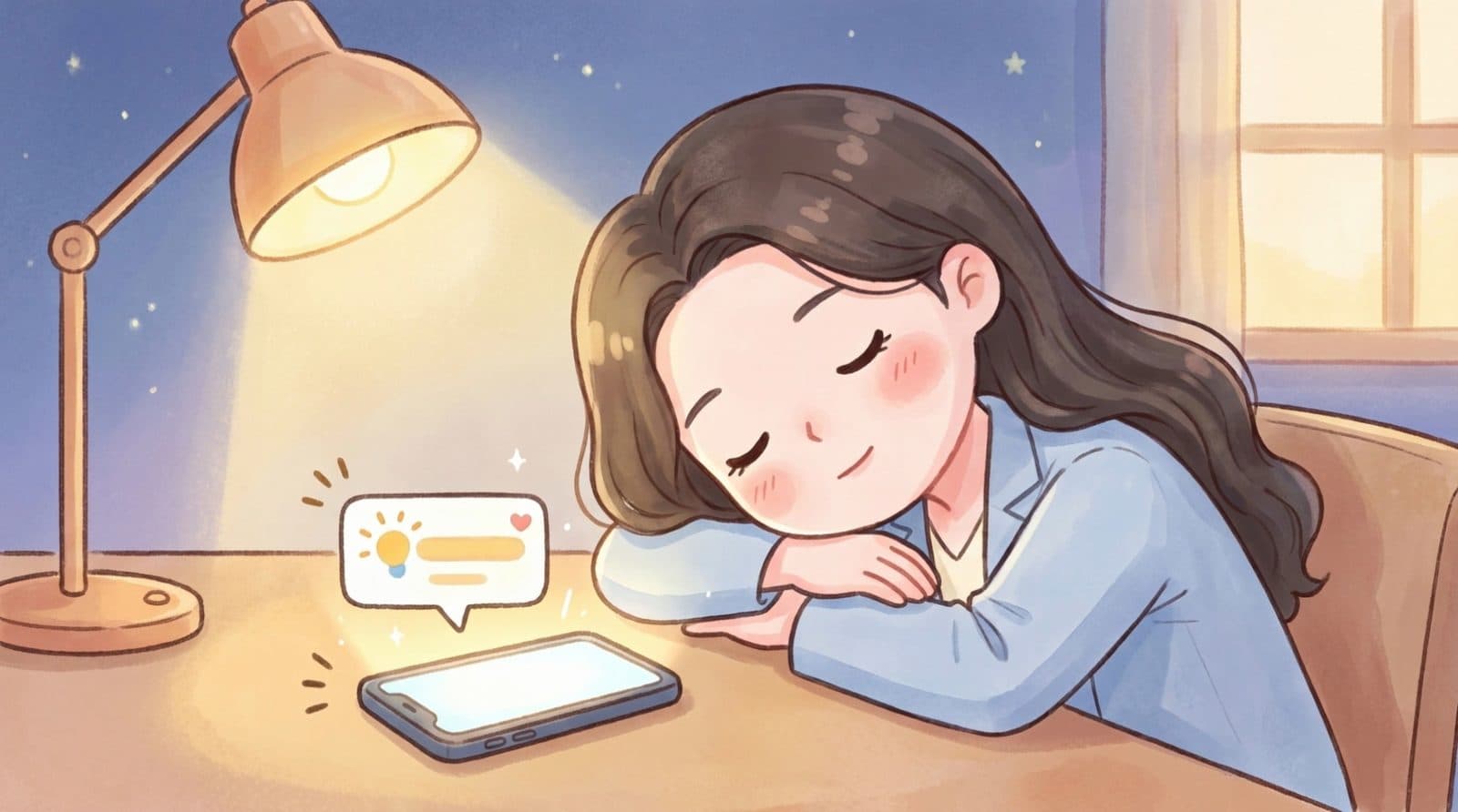 책상에서 잠든 사이 결제 알림이 도착한 수채화 장면