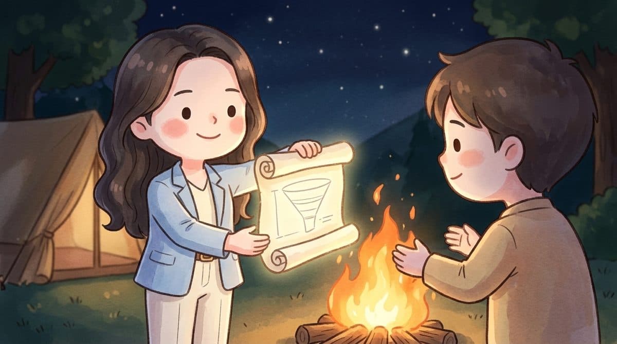 모닥불 곁에서 빛나는 설계도를 건네는 수채화 장면