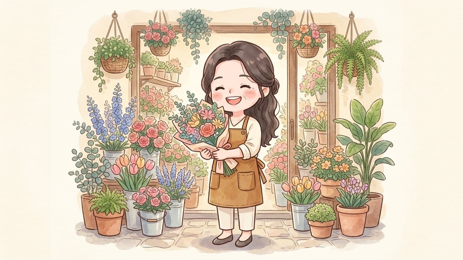 자기 길(꽃집 창업)을 발견해 성공한 분 — 수채화 일러스트