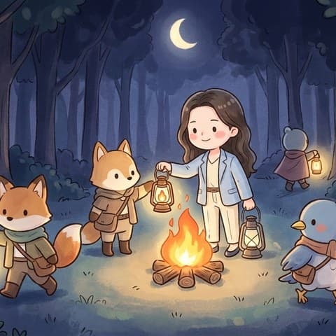 모닥불 곁에 랜턴을 들고 모인 사람들