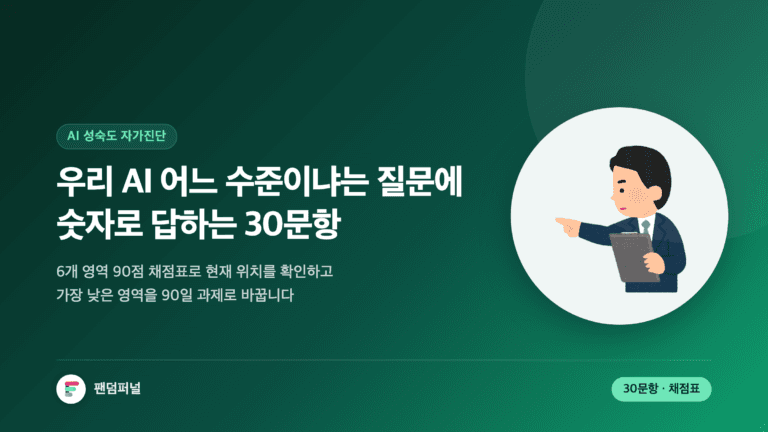 어두운 배경에 '90점'이 크게 깔린 썸네일. AI 성숙도 자가진단 30문항과 90점 채점표, 5단계 레벨 판정, 90일 액션플랜을 안내하는 글의 표지 이미지.