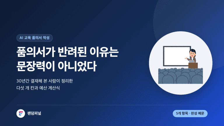 결재 문서 위에 '품의서가 반려된 이유는 문장력이 아니었다'는 문구가 얹힌 썸네일. AI 교육 품의서의 다섯 개 항목과 예산 근거 쓰는 법을 다룬 글임을 보여준다.