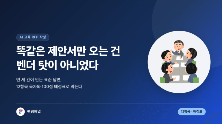AI 교육 RFP 작성 썸네일. '똑같은 제안서만 오는 건 벤더 탓이 아니었다'라는 문구와 배경의 큰 글자 '빈칸', 12항목 목차와 100점 배점표 템플릿을 알리는 배지가 보인다.