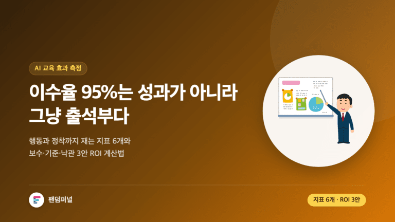 이수율 95%는 성과가 아니라 출석부라는 문구가 크게 적힌 썸네일. AI 교육 효과 측정 지표 6개와 ROI 계산법을 다룬 HRD 실무 글임을 알려준다.