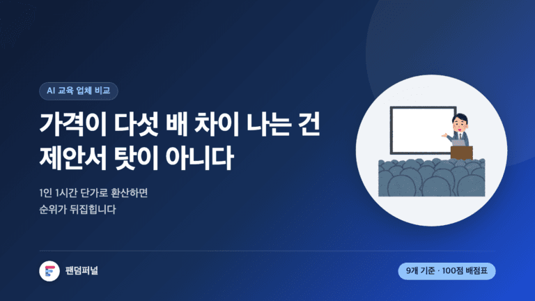 기업 AI 교육 업체 3곳의 견적을 비교하는 장면을 표현한 썸네일. 강사, 커리큘럼, 사후관리 3축 9가지 기준과 1인 1시간 환산 단가로 업체를 고르는 방법을 담은 글.
