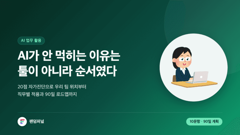 짙은 배경에 '순서'라는 큰 글자가 깔리고, AI가 안 먹히는 이유는 툴이 아니라 순서였다는 문구가 두 줄로 놓인 썸네일. 20점 자가진단과 직무별 적용, 90일 로드맵을 다룬 AI 업무 활용 글의 표지 이미지.