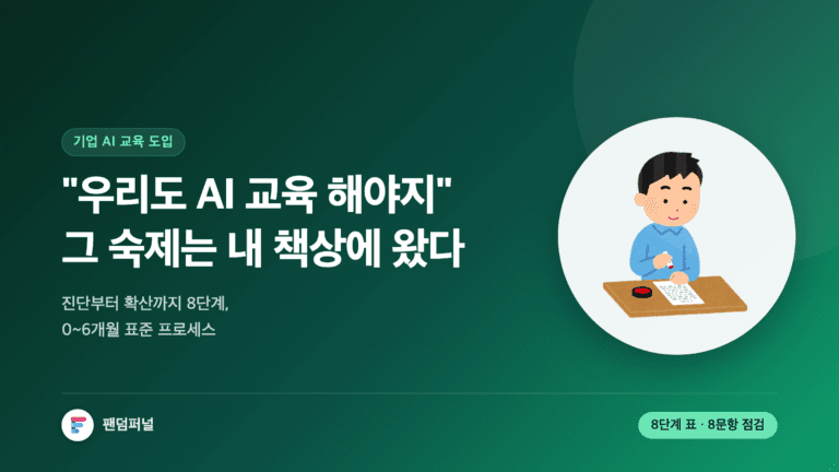 회의 한마디로 시작된 AI 교육 숙제를 표현한 썸네일. 기업 AI 교육 도입을 진단·설계·품의·예산·업체 선정·파일럿·측정·확산 8단계로 정리하고 0~6개월 일정과 준비도 점검 8문항을 안내한다.